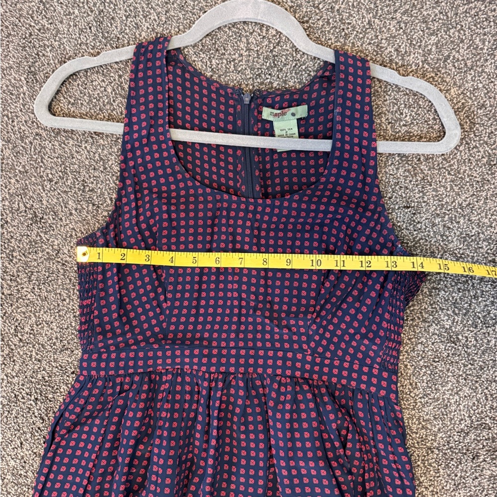 Maple 100% Silk Navy and Red Smock Waist Scoop Neck Sleeveless Dress size 2 - Picture 13 of 14
